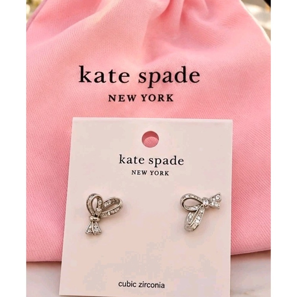 Kate Spade New York Bow Stud Earrings Silver CZ Coquette Preppy Dainty